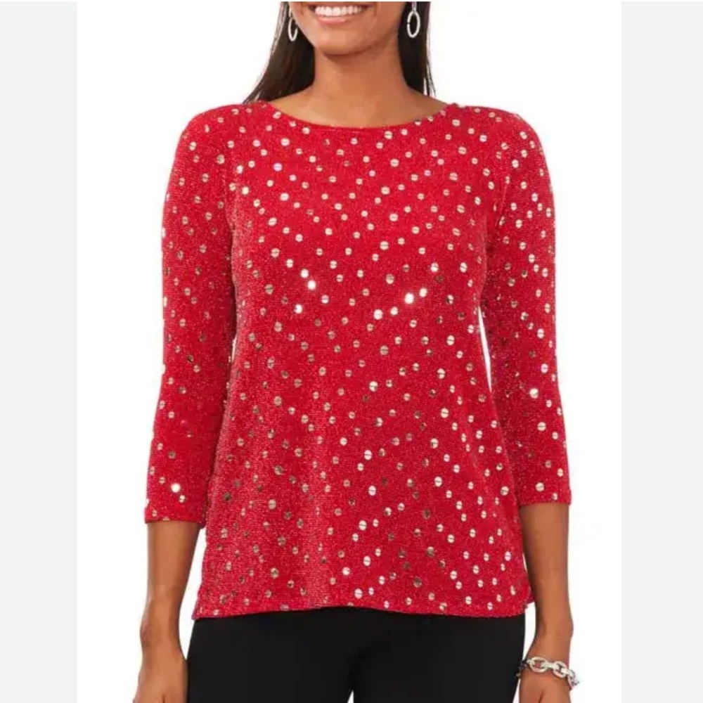 MSK Red with Silver Metallic Disc Long Sleeve Back Tulip Style Blouse XL NWOT